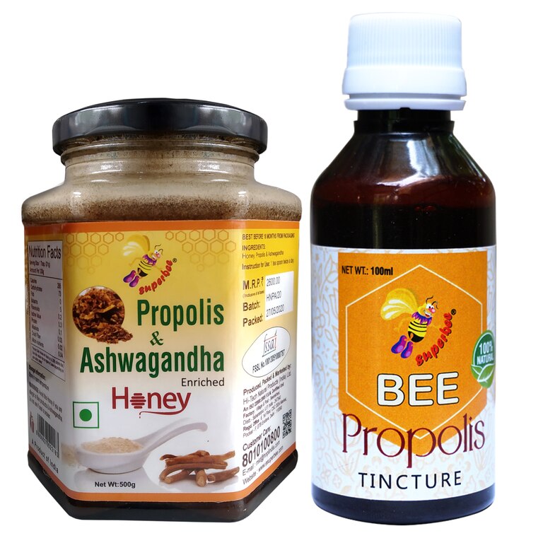 Combo Of Propolis & Ashwagandha Enriched Honey, 500g And Bee Propolis Tincture, 100ml